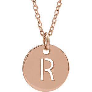 14k Rose Gold Initial R, Small 10mm Pierced Disc Necklace, 16-18 Inch